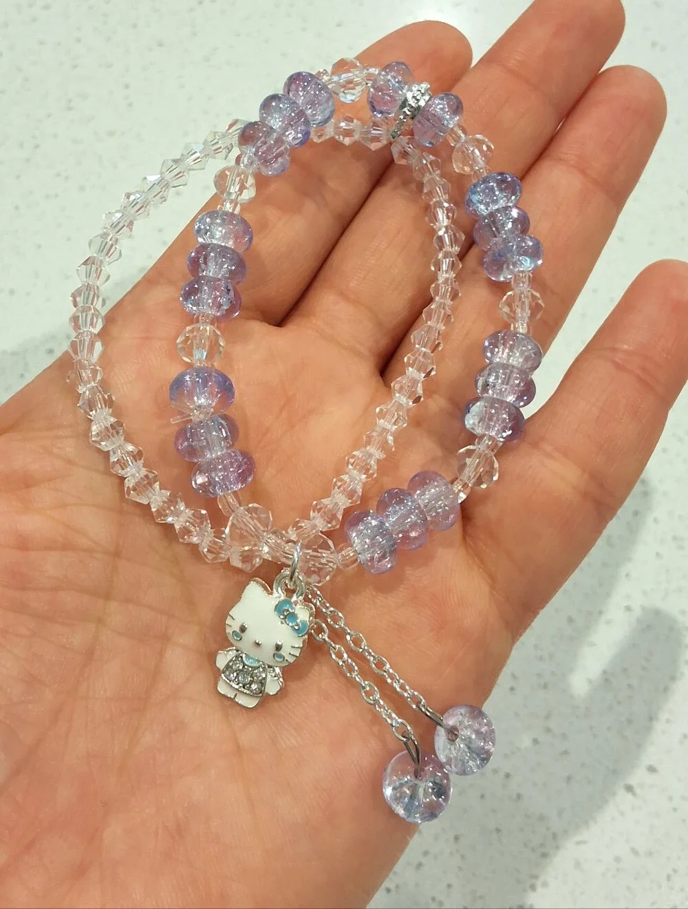 Hello Kitty Beautiful Purple Clear Beaded Charm Bracelet , NEW